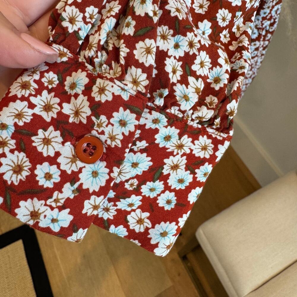 VICI Flawless Ditsy Floral Long Cuffed Sleeve Babydoll Dress Red Brown Medium - Picture 6 of 10